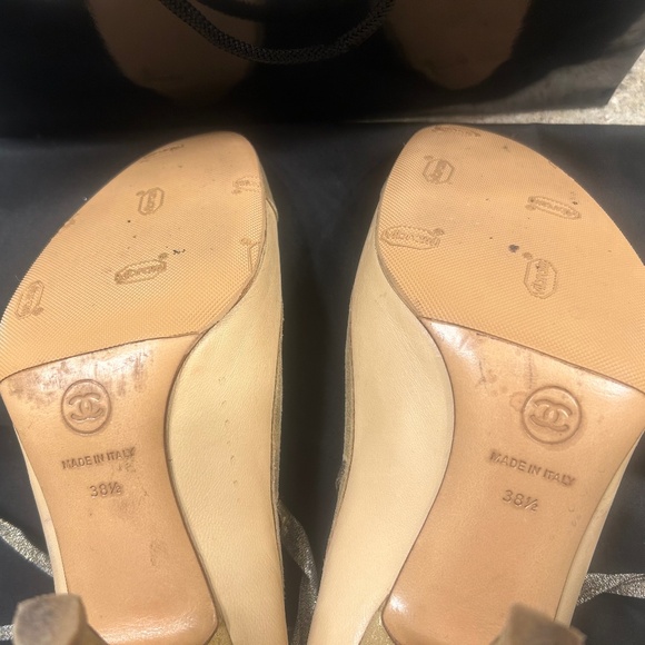 CHANEL Beige/Nude + Gold Lace Up Heels - Picture 6 of 7
